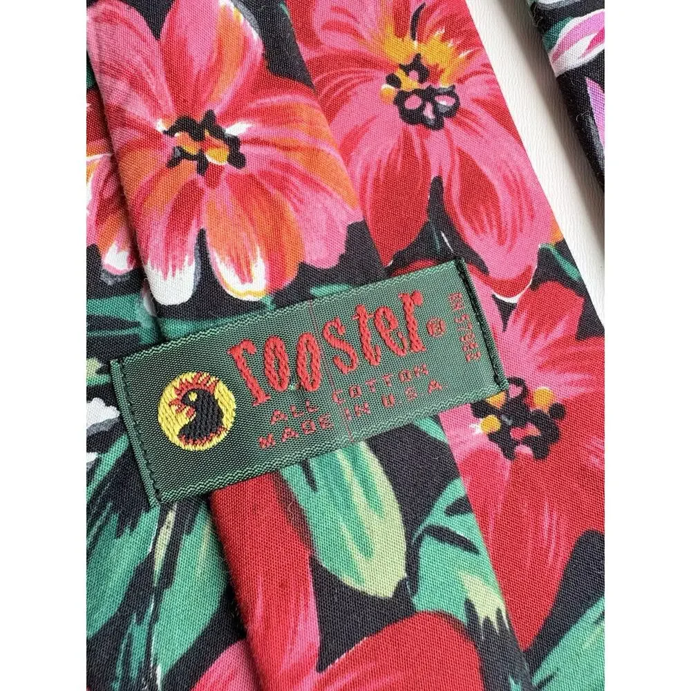 Vintage Rooster Tropical Floral Cotton Tie Lot of 2 USA 100% Cotton 54.5